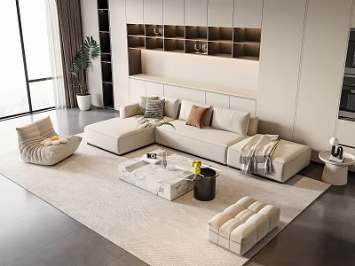 Modern Minimalist Beige Sofa Coffee Table Set With Marble Top Multiple Cushions And Area Rug 3d model
