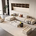 Modern Minimalist Beige Sofa Coffee Table Set With Marble Top Multiple Cushions And Area Rug
