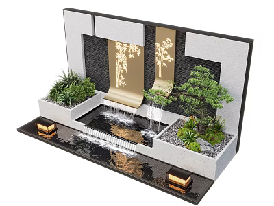 Modern Water Fountain Landscape Design With Flowing Water Green Plants And Golden Decorations 3d model