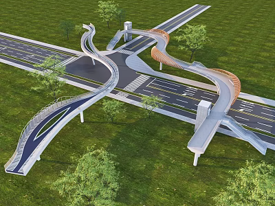 Modern Curved Pedestrian Bridge Connecting Roads With Green Grass And Trees 3d model