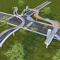 Modern Curved Pedestrian Bridge Connecting Roads With Green Grass And Trees