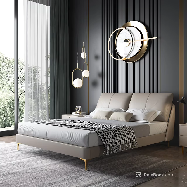 Elegant Modern Bedroom Interior Design With Gray Headboard Round Mirror Pendant Lights And Gold Accents 3d model 