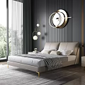 Elegant Modern Bedroom Interior Design With Gray Headboard Round Mirror Pendant Lights And Gold Accents