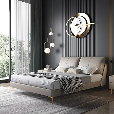 Elegant Modern Bedroom Interior Design With Gray Headboard Round Mirror Pendant Lights And Gold Accents 3d model