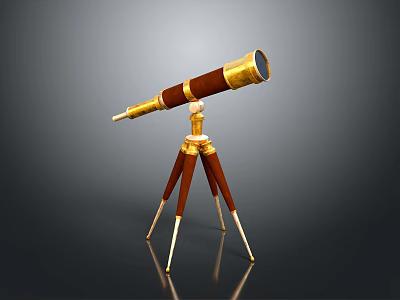 Vintage Decorative Telescope With Wooden Tripod And Golden Accent Details 3d model