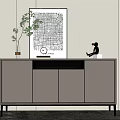 Modern Light Gray Entryway Console Cabinet With Wall Art Vase And Figurine Decoration