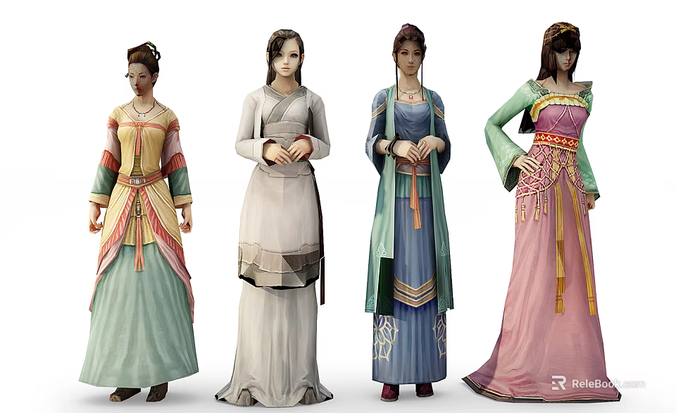 Four Female Characters Wearing Traditional Costumes With Different Colors And Intricate Patterns 3d model 
