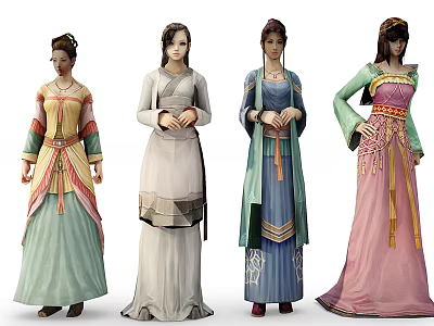 Four Female Characters Wearing Traditional Costumes With Different Colors And Intricate Patterns 3d model