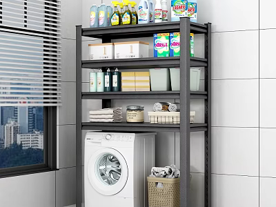 Organized Storage Shelf In Laundry Room With Washing Machine Cleaning Supplies And Towels 3d model