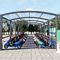 Outdoor Electric Vehicle Shelter Housing Parked Scooters Under Canopy With Trees And Paved Ground