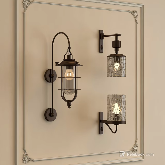 Vintage Indoor Wall Lamps With Metal Brackets And Textured Glass Shades 3d model 