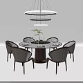 Round Marble Top Dining Table Set With Upholstered Chairs And Pendant Light Decor 3d model