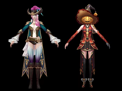Game And Movie Characters With Pink Hair Green White Outfit And Pumpkin Hat Red Black Costume 3d model