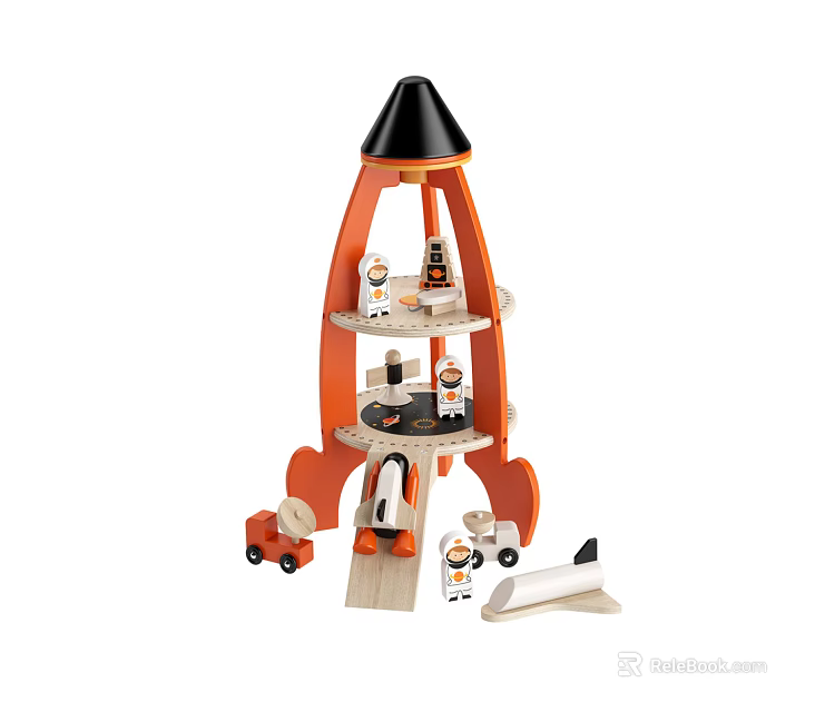Wooden Rocket Shaped Toy with Shelves Car Parts and Small Dolls 3d model 