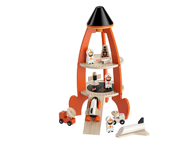 Wooden Rocket Shaped Toy with Shelves Car Parts and Small Dolls 3d model
