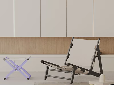 Modern Canvas Lounge Chair With Metal Frame Purple Stool And White Cabinets By Wooden Wall 3d model