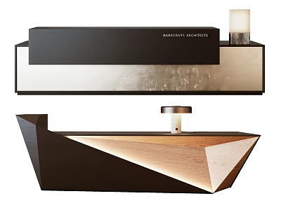 Modern Geometric Reception Desk With Sleek Wooden And Metal Design And Lamp 3d model