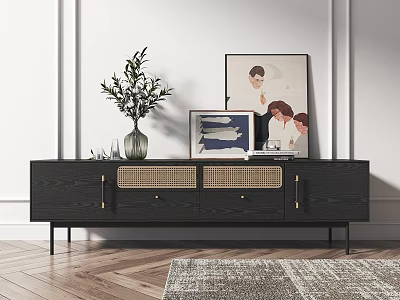 Black TV Stand with Woven Doors and Gold Handles Decorated with Vase Plants and Artwork 3d model