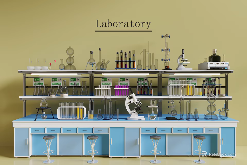 Well Equipped Laboratory With Shelves Microscope Test Tubes Beakers And Workbench Stools 3d model 