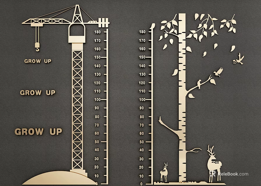 Decorative Wall Decor With Crane Height Chart Tree Deer And Birds Measurement Marks 3d model