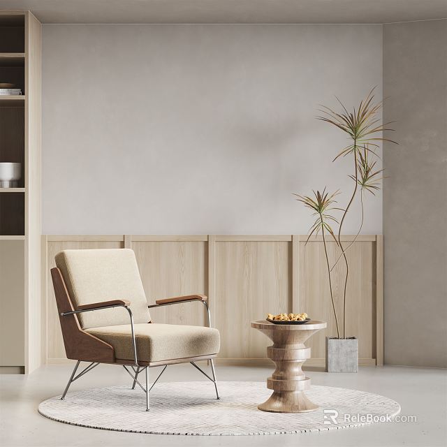 Minimalist Beige Accent Chair with Wooden Panel Wall Small Round Table and Potted Plant 3d model 