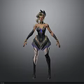 3D Female Character With Golden Hair Feathered Headdress And Black Outfit With Blue Accents
