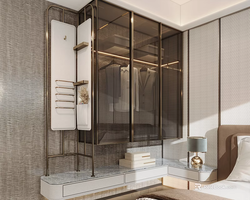 Modern Wardrobe Interior Design With Glass Doors Metal Frame And Storage Shelves 3d model 