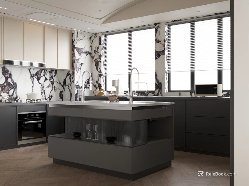 Modern Kitchen Interior Design With Marble Island Counter Cabinets And Large Windows 3d model