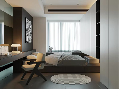 Modern Tatami Bedroom Interior Design With Tatami Bed Window Curtains Desk Chair And Storage Cabinets 3d model