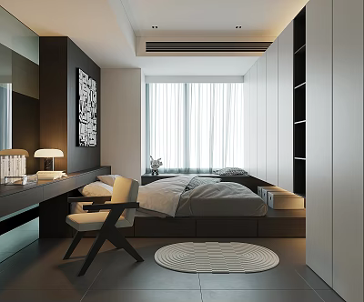 Modern Tatami Bedroom Interior Design With Tatami Bed Window Curtains Desk Chair And Storage Cabinets 3d model