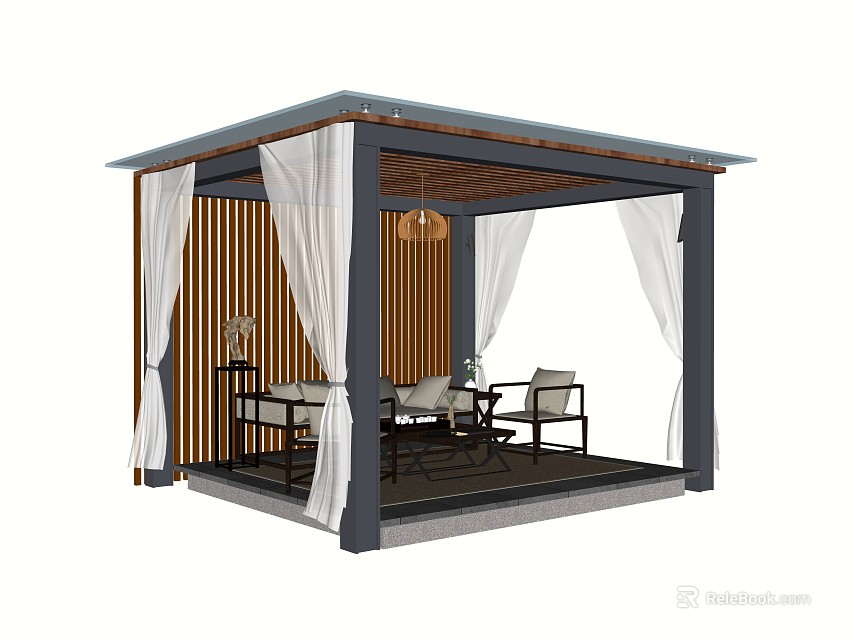 Modern Wooden Pergola With White Curtains Hanging Lantern And Outdoor Seating Area 3d model 