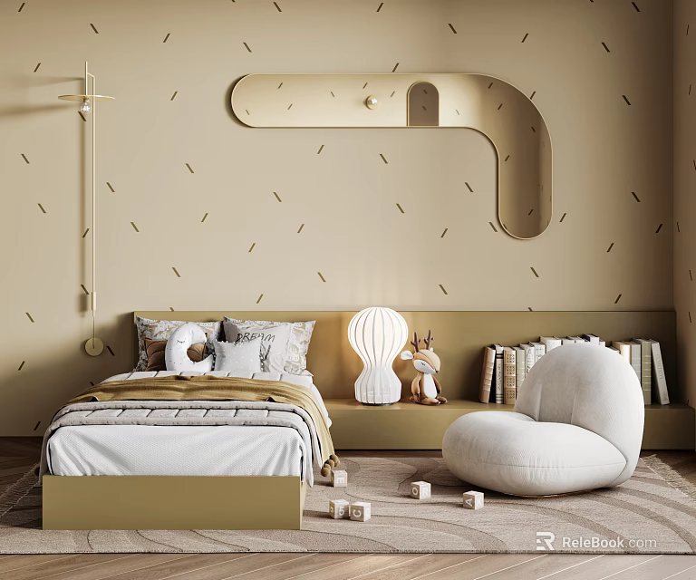 Modern Kids Room Interior With Bed Wall Decor And Chair 3d model 