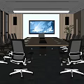 Modern Conference Room With Long Table Black Office Chairs And Large World Map Screen