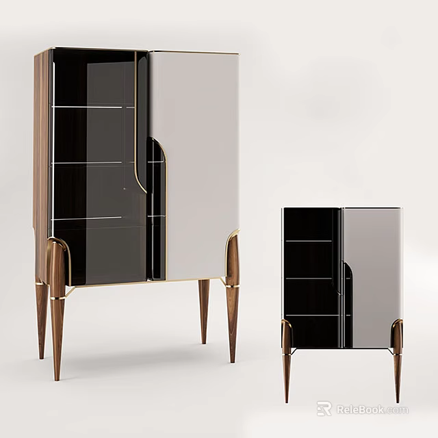 Modern Entryway Console And Side Cabinet With Wooden Legs Mirror Panels Metal Accents 3d model 