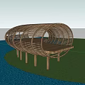 Wooden Observation Deck Curved Circular Frame Design With Green Grass And Blue Sky