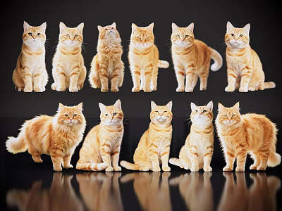 Orange Cats In Various Poses On Black Background With Reflections 3d model