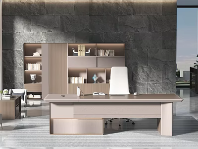 Modern Office Interior With Gray Stone Wall Wooden Bookshelf Spacious Desk And White Chair 3d model