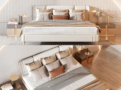 Elegant Modern Double Bed with Soft Pillows and Wooden Nightstands 3d model