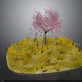 Blooming Pink Flowering Tree On Small Island With Yellow Grass And Falling Petals