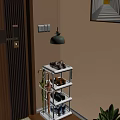 White Three Tier Shoe Rack With Sneakers Leather Shoes And Hanging Umbrellas