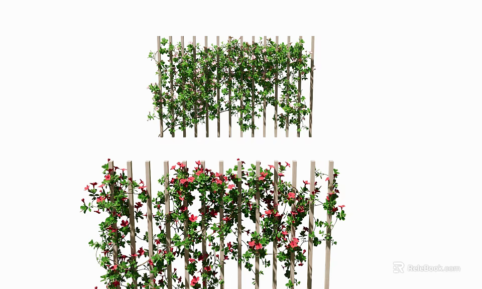 Vines Covering Wooden Trellis With Green Leaves And Red Flowers 3d model 