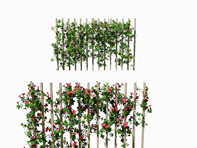 Vines Covering Wooden Trellis With Green Leaves And Red Flowers 3d model