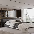 Modern Bedroom Interior With Open Wardrobe White Quilt Black Pillows Floor Lamp And Balcony View