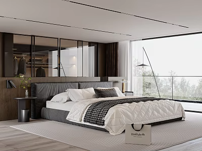 Modern Bedroom Interior With Open Wardrobe White Quilt Black Pillows Floor Lamp And Balcony View 3d model