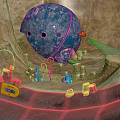 Cartoon Scene With Blue Sphere Holes Surrounding Yellow Tools Blue Items Stones Piles And Yellow Box