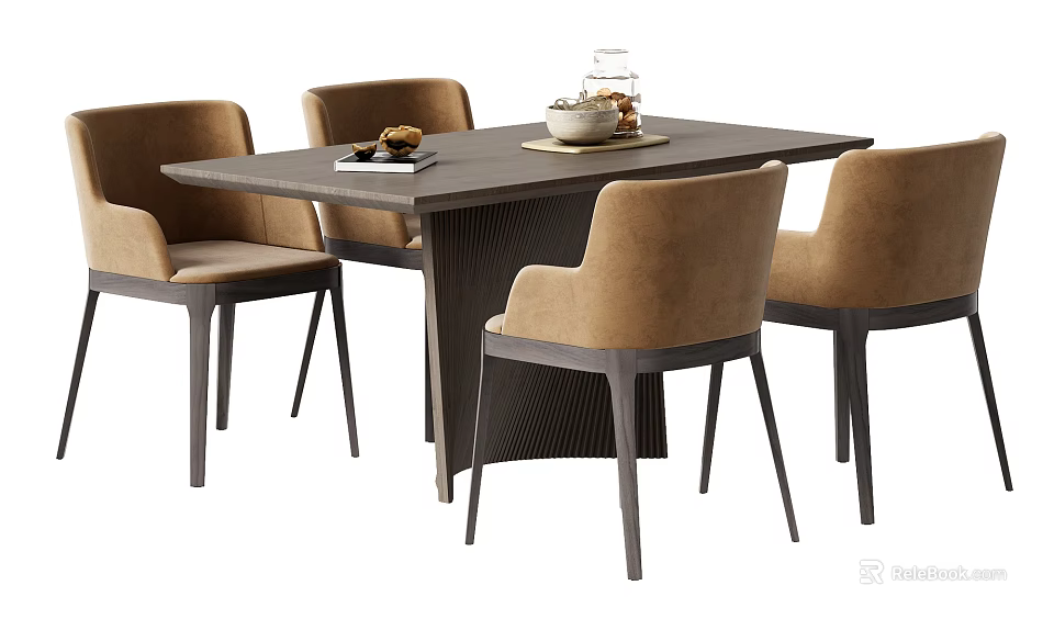 Modern Minimalist Dining Table Set with Rectangular Wooden Table and Four Beige Upholstered Chairs 3d model 