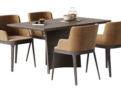 Modern Minimalist Dining Table Set with Rectangular Wooden Table and Four Beige Upholstered Chairs 3d model