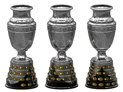 Three Silver Trophies With Intricate Carvings And Decorative Gold Accent Bases 3d model