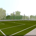 Football Field With Green Artificial Turf White Markings Goalpost And Trees Around Fence