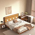 Double Bed With Yellow Upholstered Headboard Wooden Slat Mattress Nightstand Lamp Desk Mirror Decor